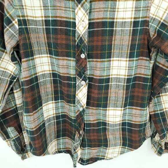 VTG L.L. Bean 100% Cotton Plaid Flannel Button Shirt S/M Cream/Green/Brown - Picture 7 of 16